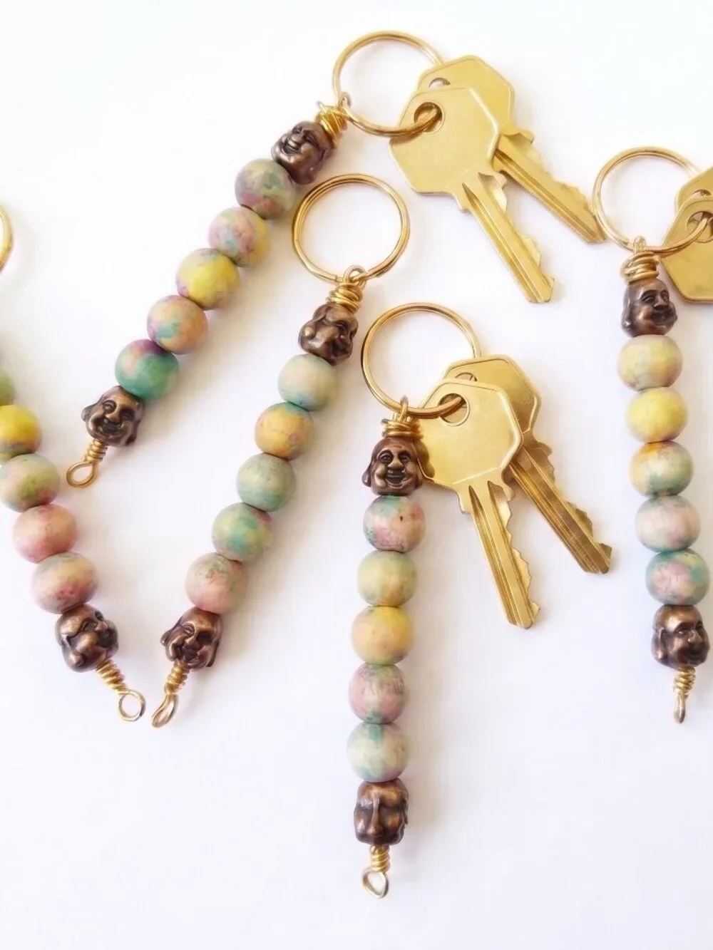 Handmade Buddha Keychains, Pastel Wood Beads, Boho